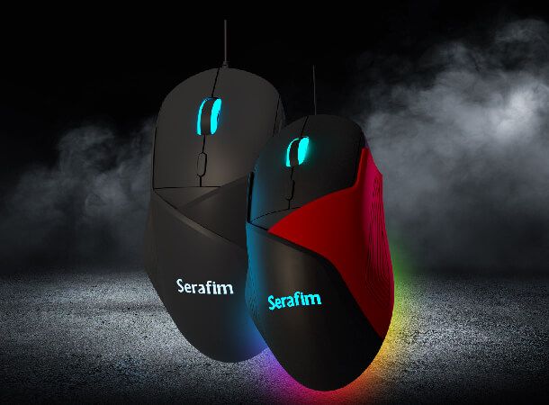 The product picture of Serafim M1 Gaming Mouse with rgb effects, concrete floor and smoke background